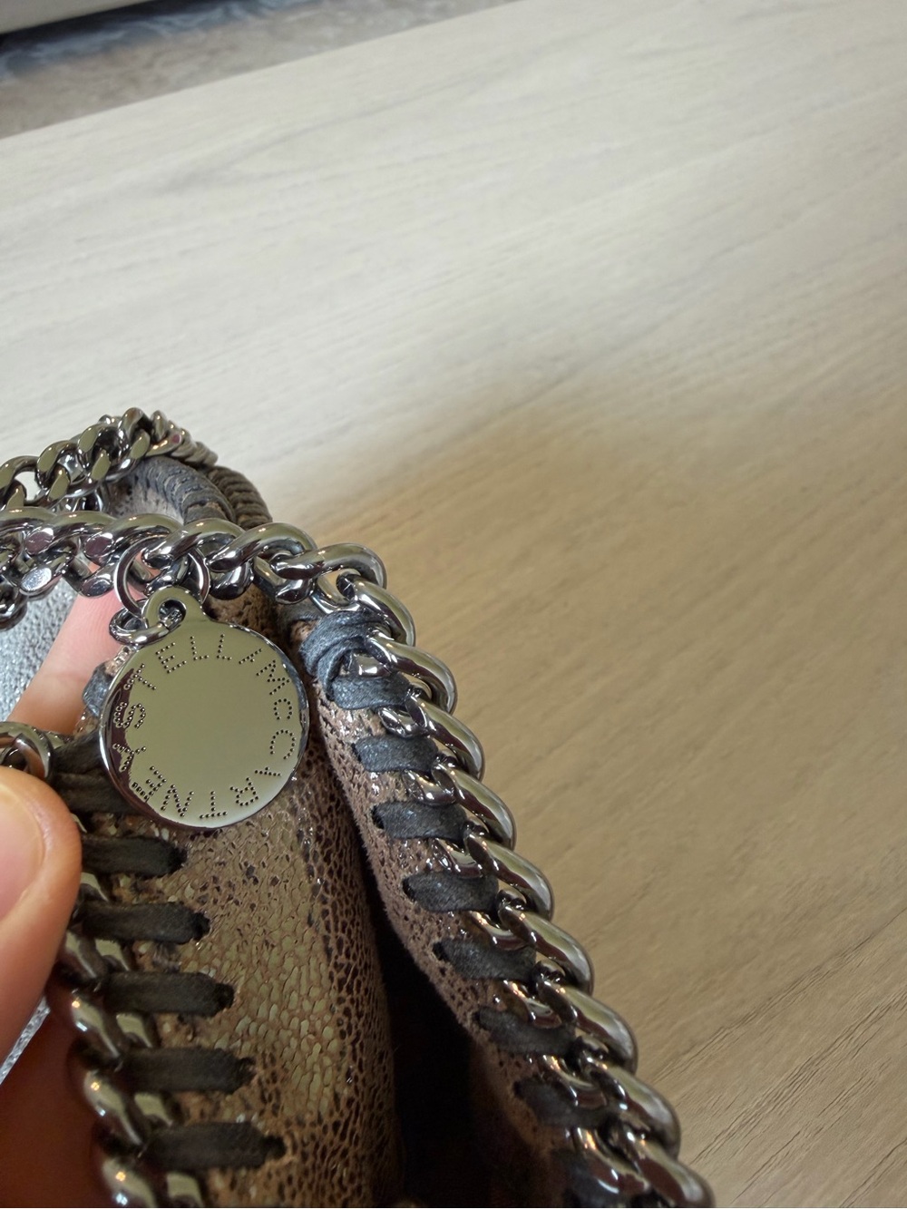 Stella McCartney Tiny Falabella Metallic Gray Chain-Trim Women's Crossbody Bag - Picture 7 of 11